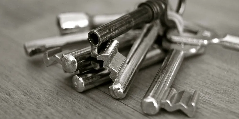 Black and white photo of a bunch of keys, symbolizing security with 24/7 Support and Protection