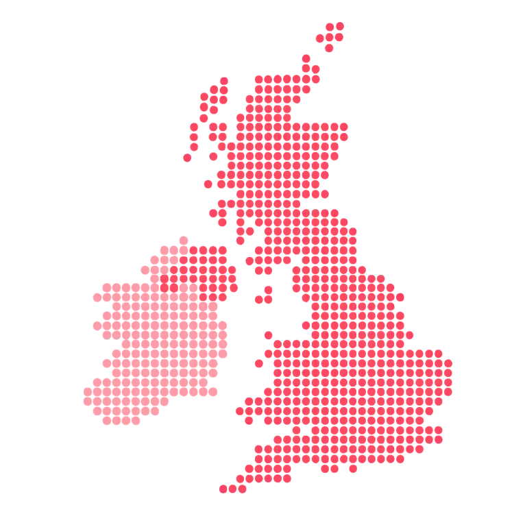 Map of UK and island of Ireland shown in fine red dots