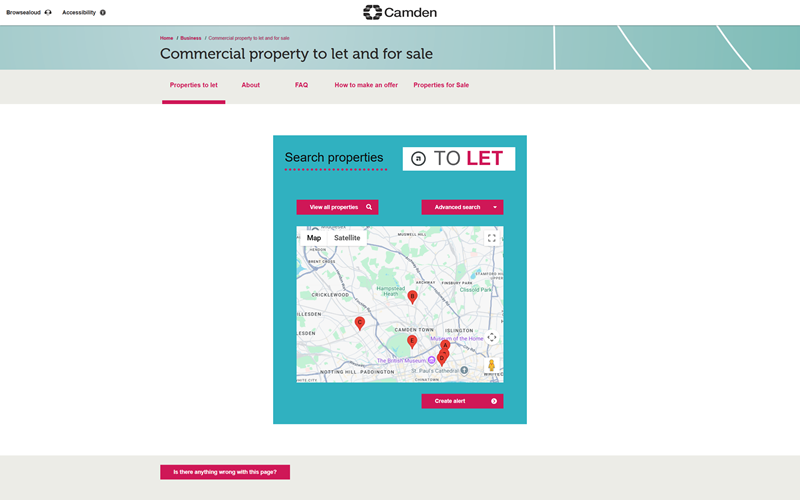 Website homepage showcasing a commercial property located in the city, featuring images and details of the listing.