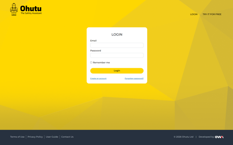 Login page for the Ohutu website, featuring fields for username and password, and a login button.