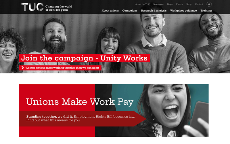 Website homepage for the Trades Union Congress, promoting the union campaign and worker rights.
