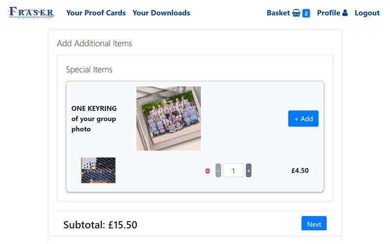 Image of the Fraser Portraits website interface, displaying the foto card system and its various options.
