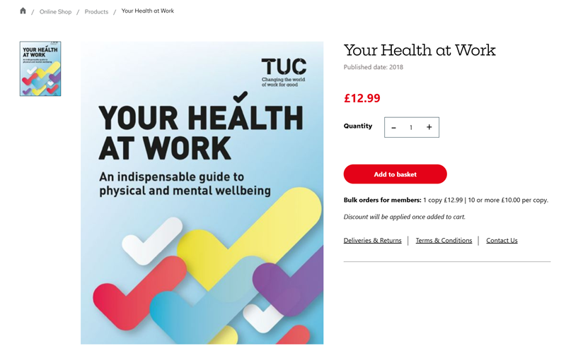 "Your Health at Work" ebook cover from the TUC online shop, promoting health and wellness in the workplace.