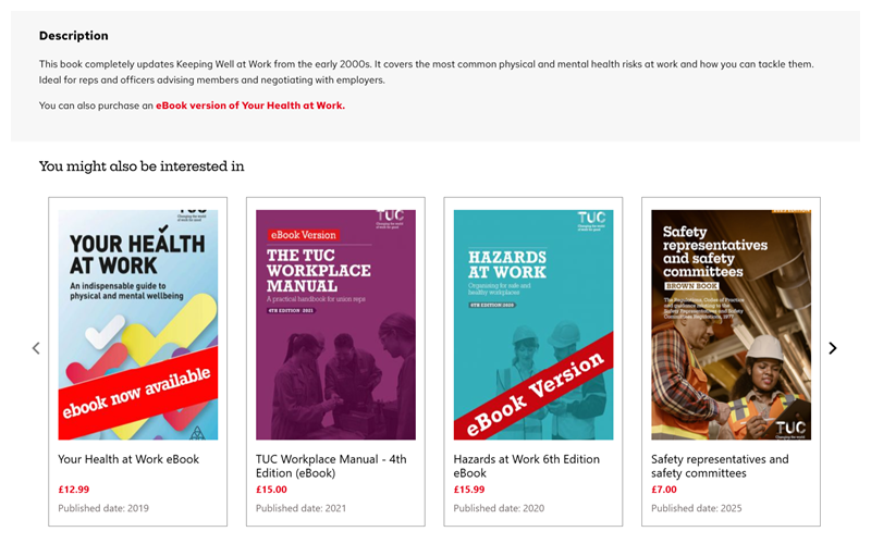 A variety of health and social care books displayed on the TUC online shop website.