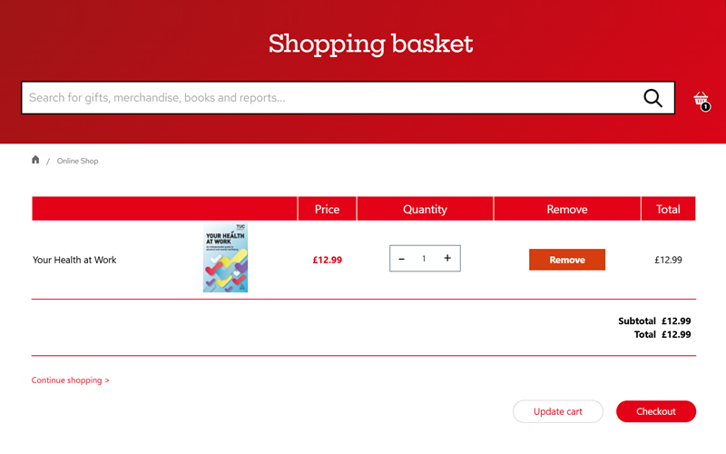 Shopping basket on a vibrant red background, representing the TUC online shop.