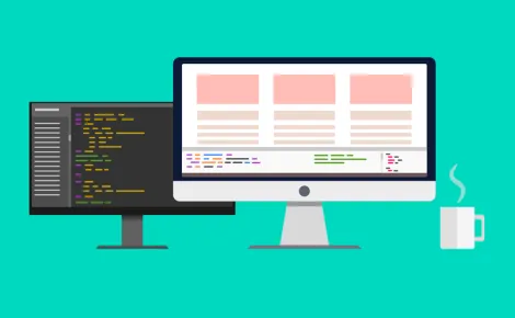 A computer monitor and keyboard beside a cup of coffee, representing a workspace for Web Application Development