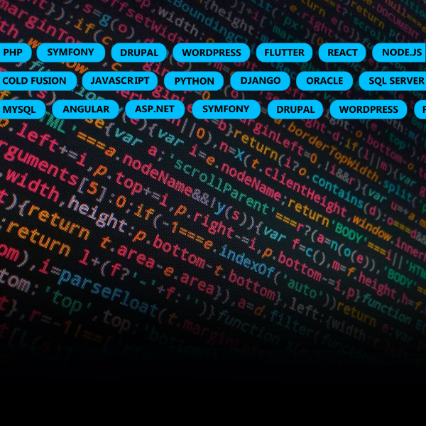 A background of computer code with blue buttons on top. Text on the buttons includes multiple technologies supported by OWA.